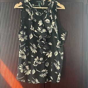 Kasper Black and Cream Floral Ruffle Blouse